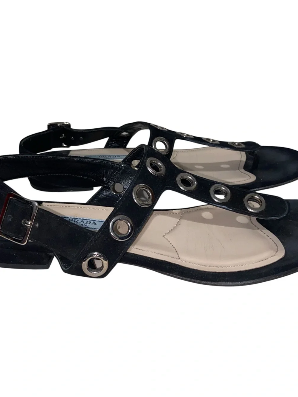 Prada Sandals Womens Size 37 Black Suede T-Strap Grommets Shoes Italy Designer